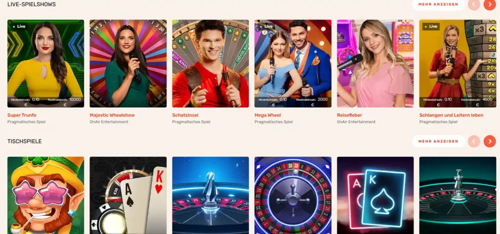Koi Casino Live Spiele und Tischspiele Auswahl mit verschiedenen Spielshows