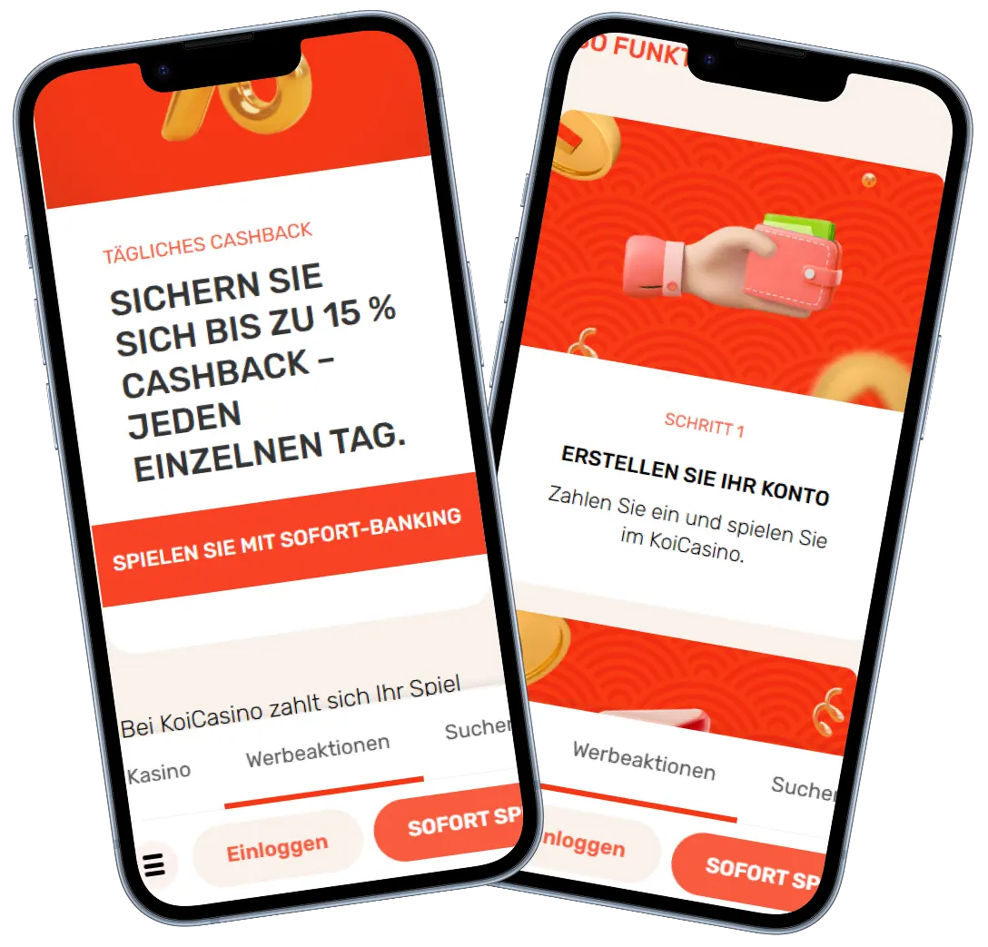 Koi Casino mobile Ansicht mit täglichem Cashback bis zu 15 Prozent und Registrierung