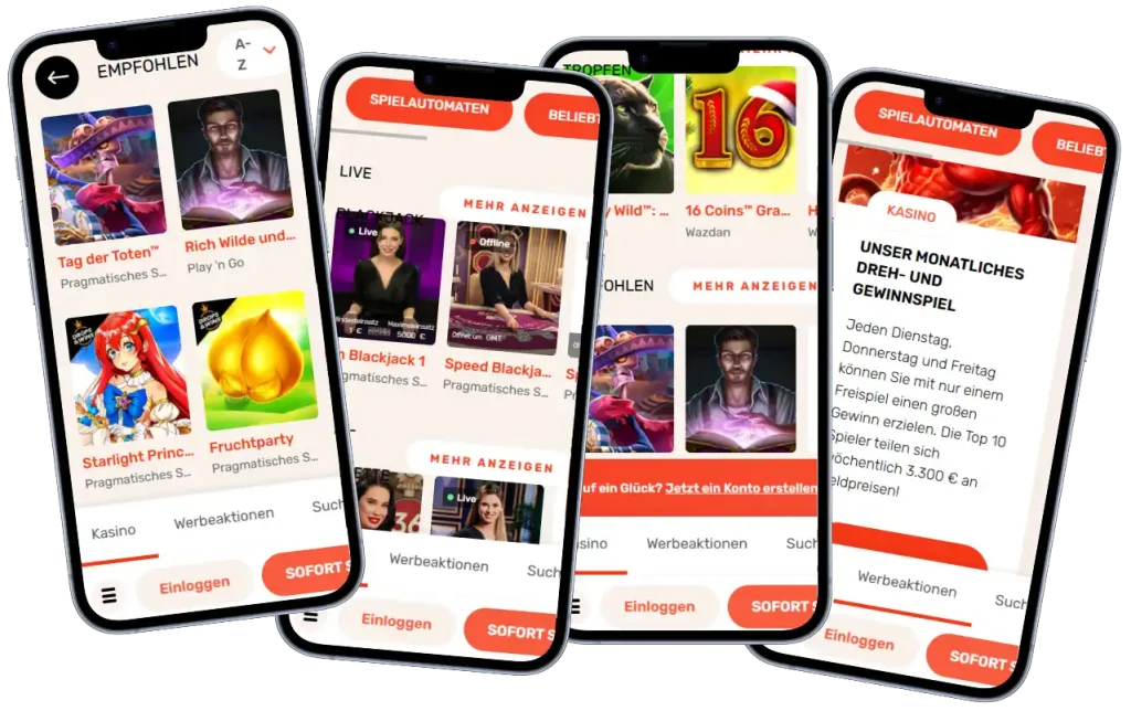 Koi Casino mobile Ansicht mit Slots, Live Spielen und Spielauswahl auf mehreren Geräten